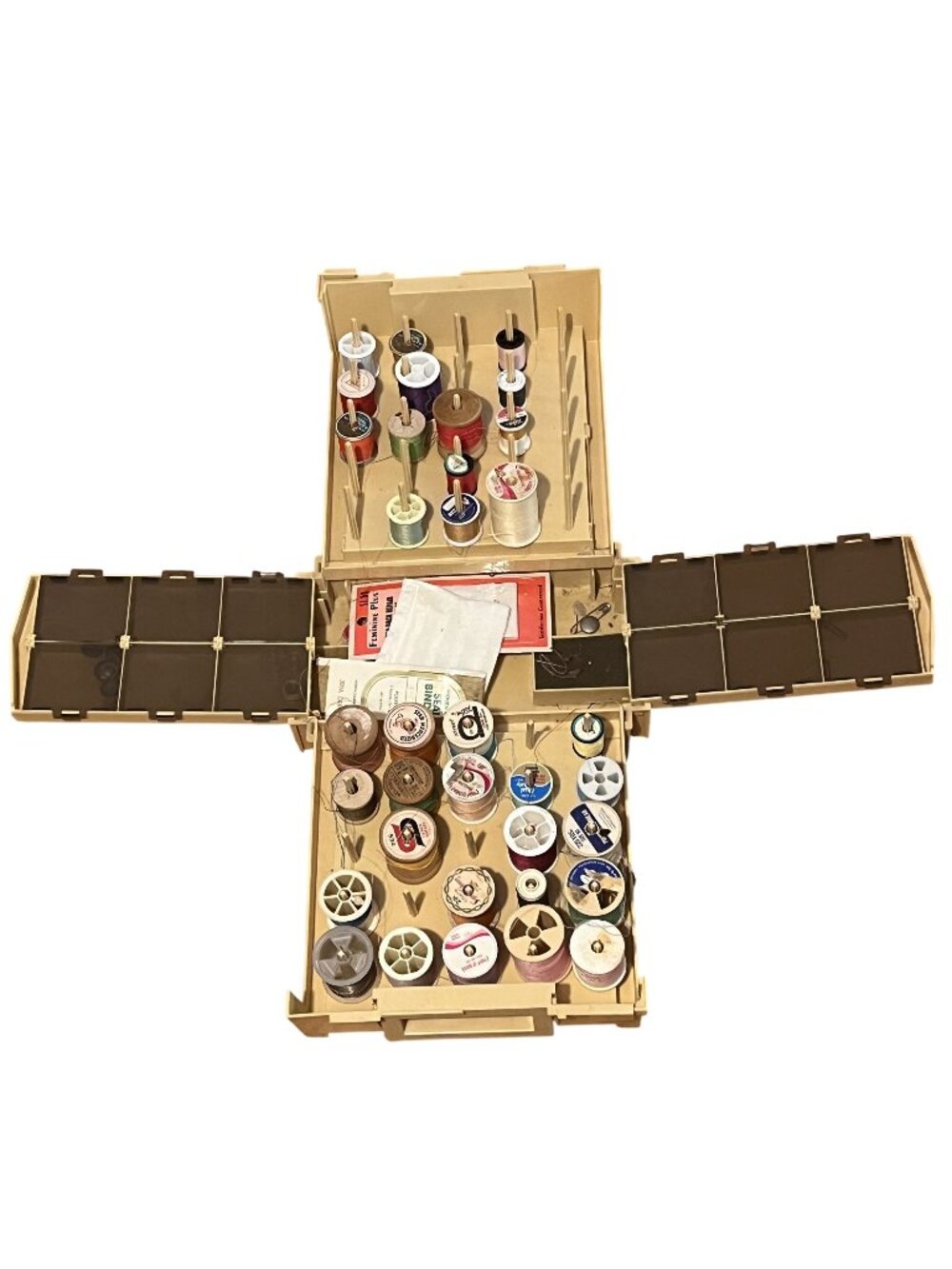 Vintage Plastic Sewing Box Organizer With Mixed Thread Spools